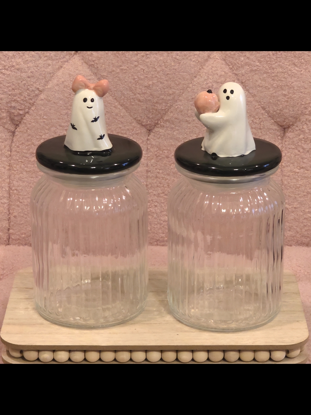 Whimsical Ghost Ceramic Lid Glass Jar Set in Pink and Black
